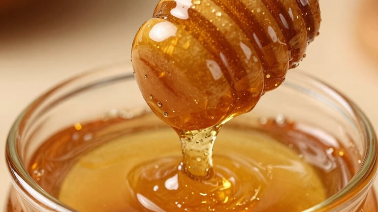 Macro shot of liquid gold honey being drizzled from a wooden dipper. The texture is thick and translucent with a rich amber hue.