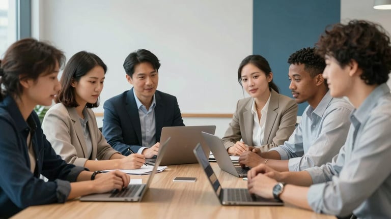 A photograph showing a diverse group of professionals in a bright Canadian office boardroom, focusing on a collaborative and inclusive atmosphere. Muted blue accents appear in the background.