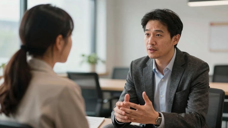 A high-quality photo of a mentorship session in a modern Canadian setting, where two individuals are engaged in a supportive, professional dialogue.