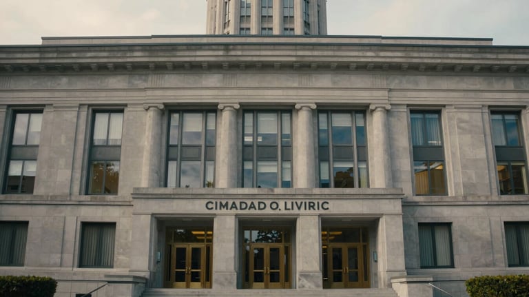 An architectural photograph of a modern Canadian government building exterior in soft, neutral light, representing institutional engagement and civic advocacy.