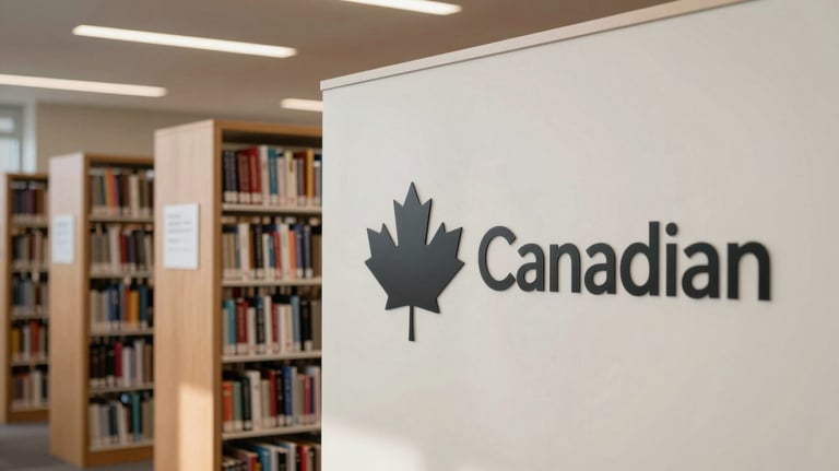 A clean, modern photograph of a Canadian library interior, representing the pursuit of knowledge and education advocacy, with soft natural lighting and off-white textures.