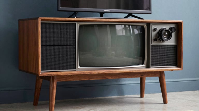A close-up of a designer television from 1978 with a sleek wooden frame and tapered legs, set against a muted slate blue wall, European / French interior, photography.