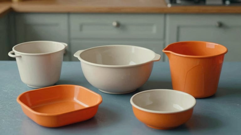 A composition of geometric 70s plastic kitchenware in vibrant orange and soft off-white, arranged on a muted slate blue surface, European / French kitchen, photography.