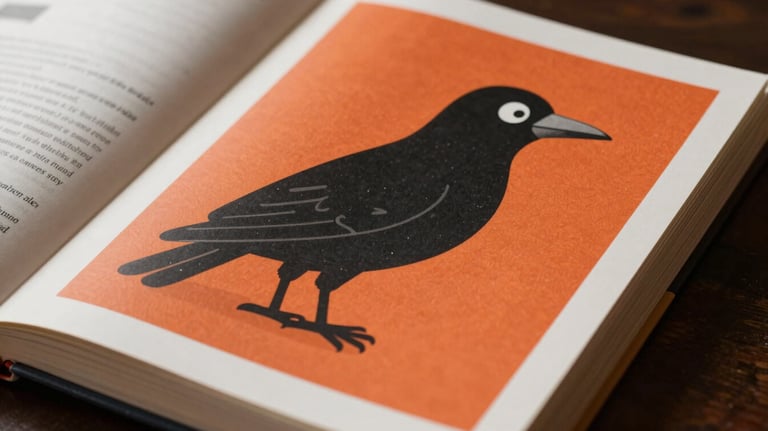 A close-up of an open illustrated book showing a graphic black bird character against a vibrant burnt orange background, European / French graphic design style, photography.