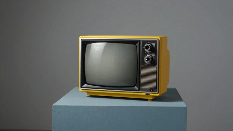 A minimalist studio shot of a 1980s portable TV in a bright yellow casing, placed on a muted slate blue pedestal, European / French design gallery, photography.