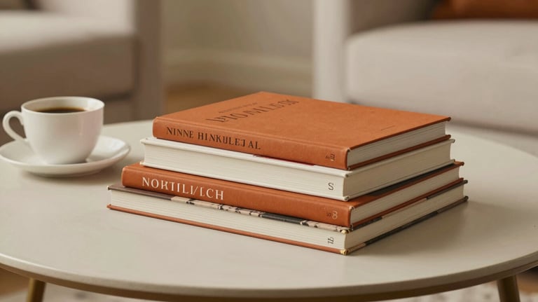 A lifestyle photography shot of several art books stacked on a low coffee table, a cup of coffee nearby, soft off-white and burnt orange tones, European / French home, photography.