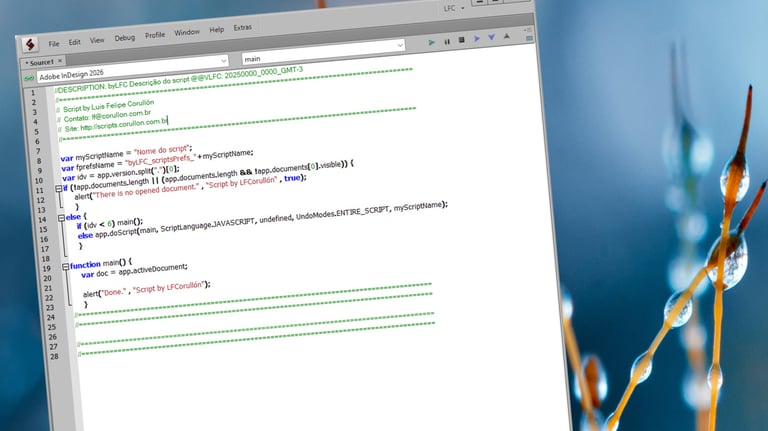 Adobe InDesign JavaScript code editor showing a custom script on a computer screen.