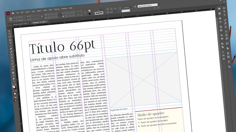 Adobe InDesign software interface showing a magazine page layout with text columns and image placeholders.
