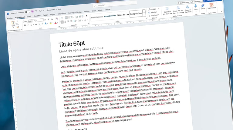 Microsoft Word document window on a computer screen displaying Latin placeholder text with professional formatting.