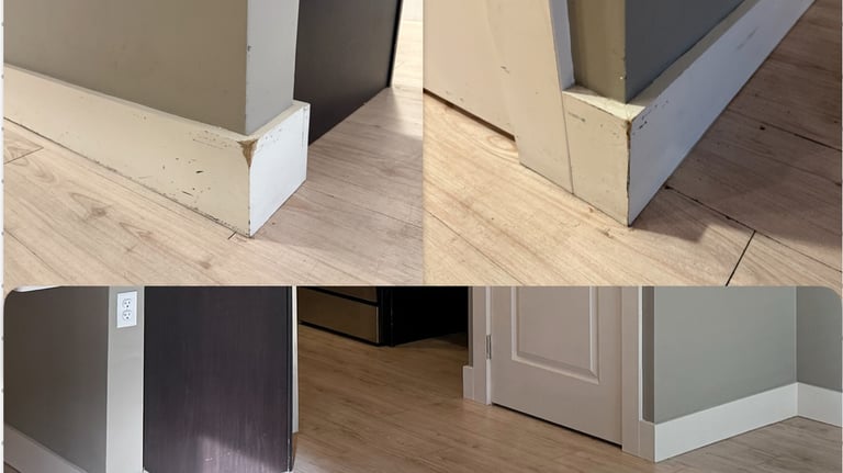 Before-and-after baseboard repair by Cherry Home Service – chipped corners restored to clean finish