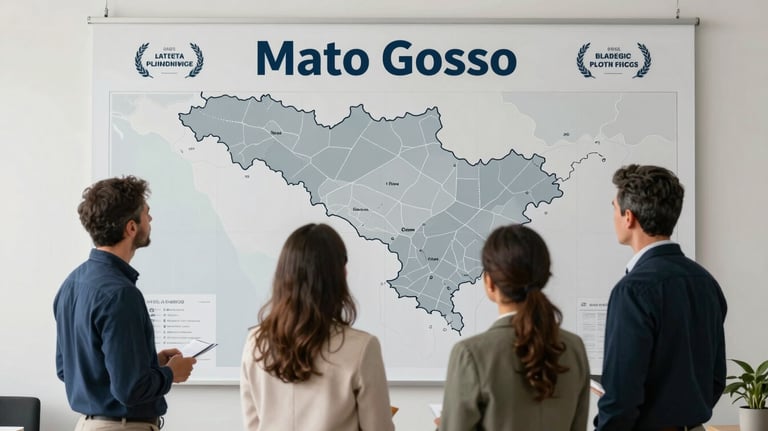 A strategic planning session with professional advisors looking at a large wall map of Mato Grosso, clean aesthetic with pale mist and dark navy highlights.
