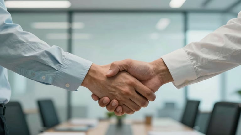 Handshake between two professionals in a modern office, symbolizing a reliable partnership, with a palette of pale mist and teal blue.