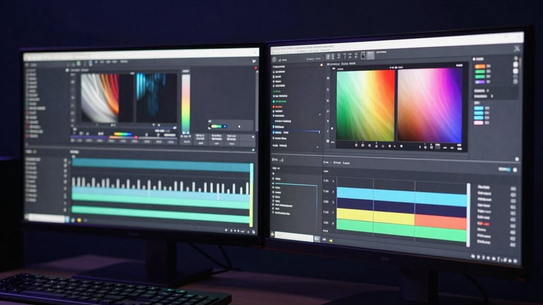 Close up of a professional video editing suite with dual monitors showing high-quality color grading in a dark navy themed studio.