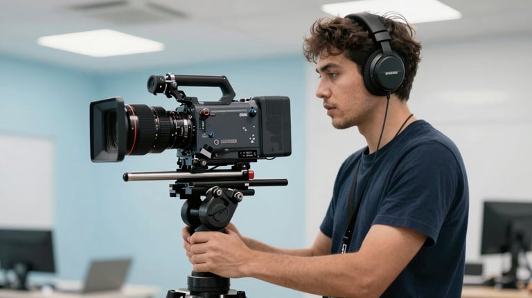 A professional filmmaker in action using a cinema camera on a gimbal, capturing content in a bright, modern commercial space, palette of dark navy and light blue.