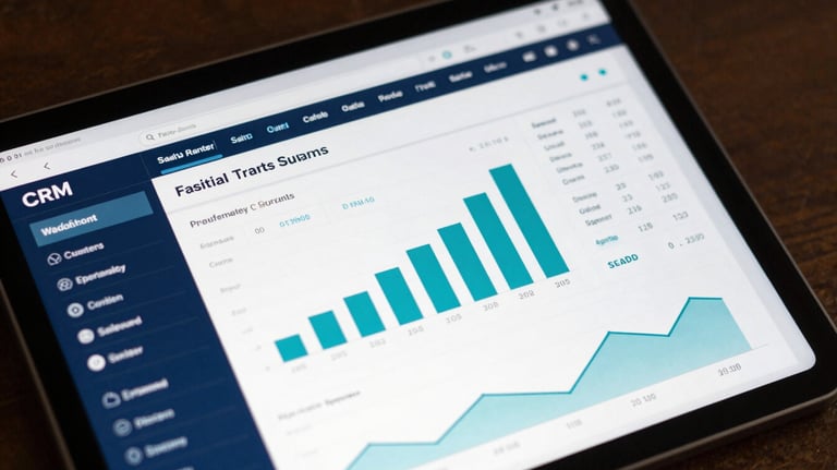 Detailed shot of a tablet displaying a professional CRM dashboard with sales growth charts in teal blue and dark navy colors.