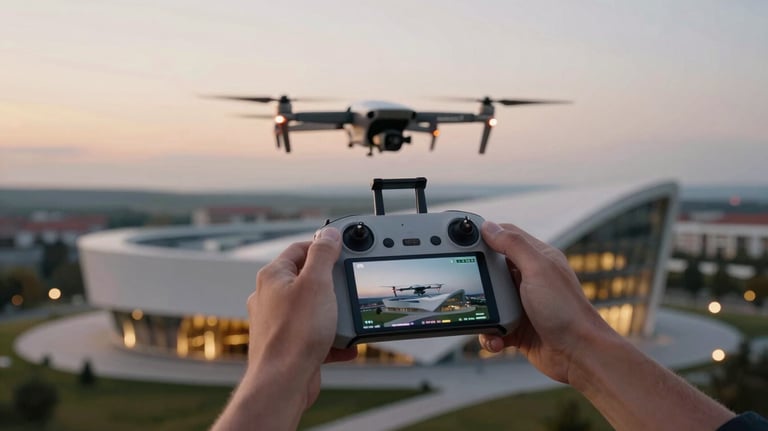 A professional drone pilot using a high-end remote controller with an integrated screen, focused on a flight over a Romanian modern architectural landscape at twilight, soft pale gold lights.