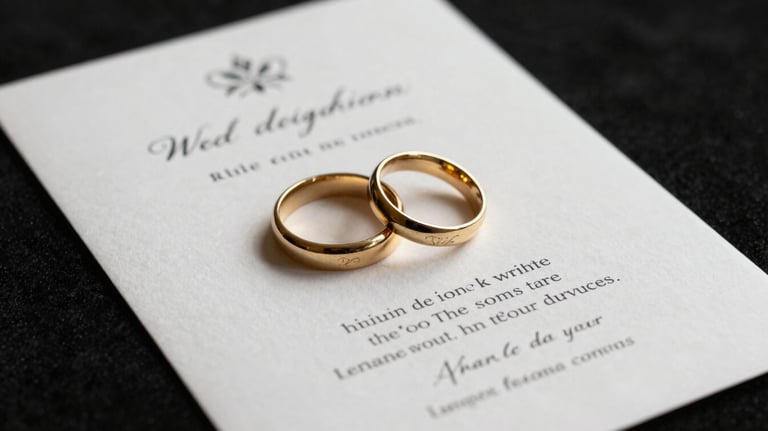 Macro shot of a high-end wedding invitation and gold rings on a black velvet surface, soft cinematic lighting, representing the luxury wedding cinema services.