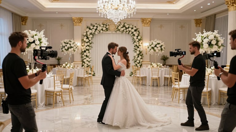A high-end wedding reception scene in a luxury ballroom in Cluj-Napoca, professional cameramen using stabilizers to capture the first dance, elegant white and gold decor.