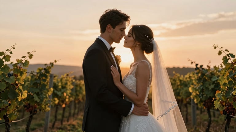 Cinematic and romantic portrait of a bride and groom during a sunset photo shoot in a vineyard near Cluj, warm bronze light, high-end photography with artistic shallow depth of field.