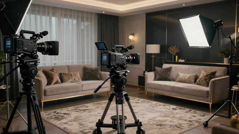 A wide-shot of a high-end interview setup in a modern Romanian penthouse, professional cinema camera on a dolly, elegant gold-trimmed furniture, dark and moody professional lighting.