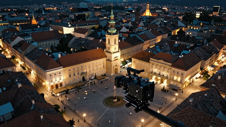 A cinematic aerial view of Cluj-Napoca's central square at night, historic architecture illuminated with pale gold lights, captured from a professional cinema drone perspective.