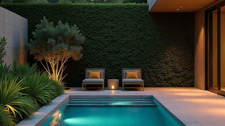 A modern backyard pool at night with soft ambient lighting, minimal loungers, and lush greenery agai