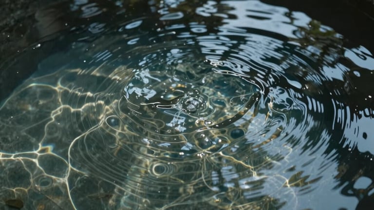 Artistic shot of clear water rippling in a smooth dark stone basin. Reflections of light and shadows create a calm, fluid texture, representing the 'Water' element.