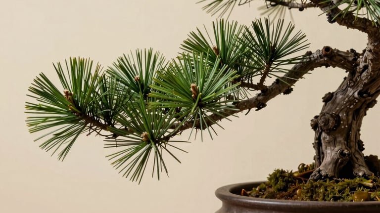 Close-up of a vibrant green ancient pine branch in a contemporary clay pot against a warm ivory background. Strong shadows, zen-like composition, representing the 'Wood' element.
