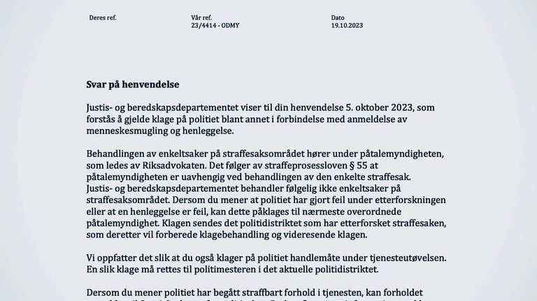 Response from the Norwegian Ministry of Justice and Public Security regarding human traffickers