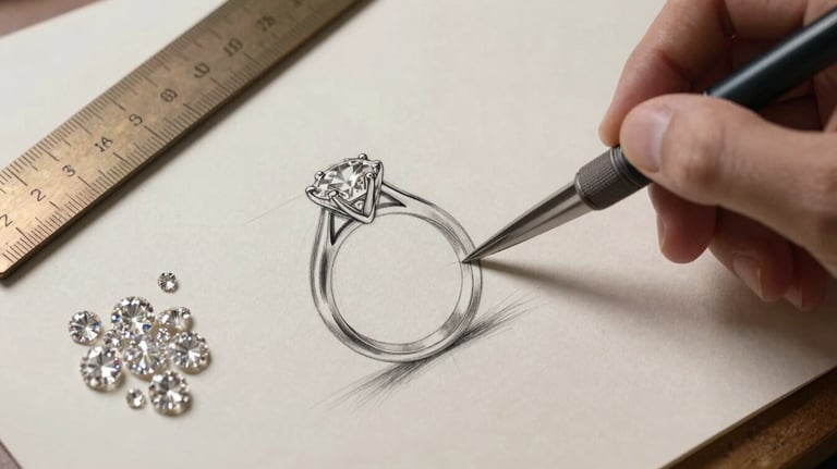 A top-down photographic view of a jewelry design workspace. A hand-drawn sketch of an intricate engagement ring rests on soft off-white paper, accompanied by a muted bronze measuring tool and a small pile of loose, shimmering diamonds.