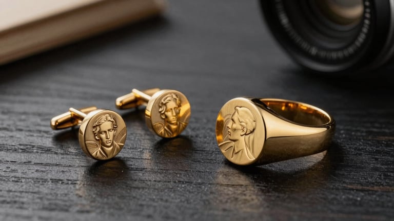 A sophisticated display of bespoke men's jewelry, including handcrafted gold cufflinks and a refined signet ring, on a dark charcoal wooden surface.