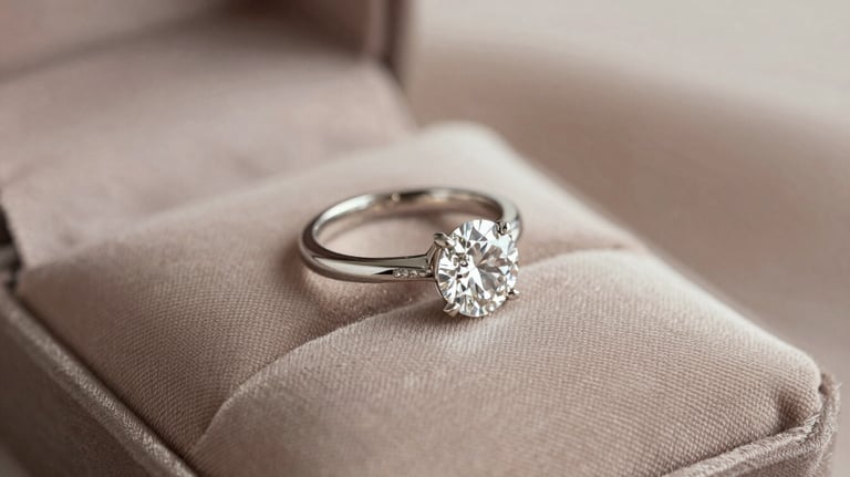 An elegant photograph of a custom-designed diamond engagement ring presented on a soft taupe silk cushion, illuminated by soft, natural light.