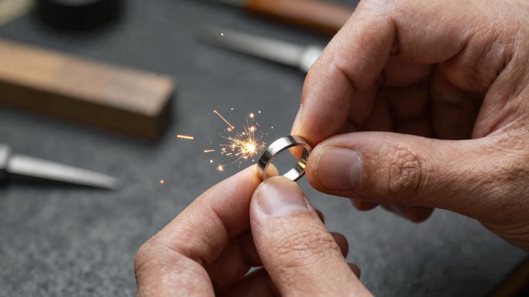 A macro photograph of a master artisan's hands meticulously polishing a finished platinum ring. Tiny sparks reflect the warm lighting against a blurred charcoal workshop background.