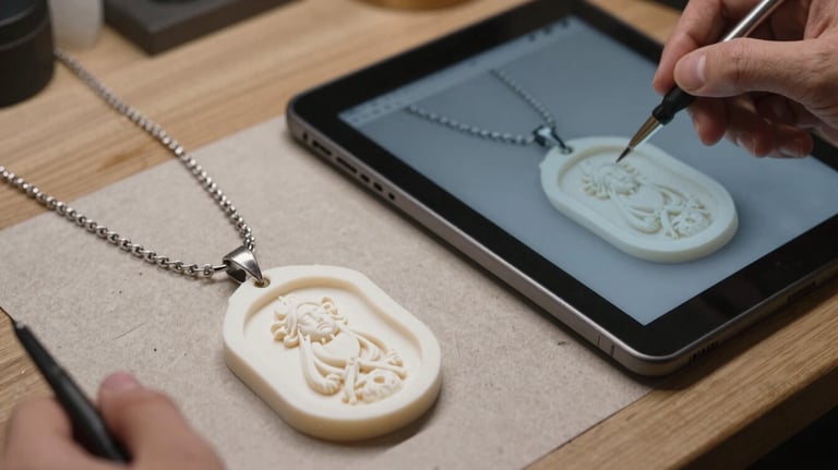 A professional photograph of a jeweler's workbench showing a detailed 3D wax mold of a custom necklace pendant sitting next to a high-resolution digital rendering on a tablet screen.