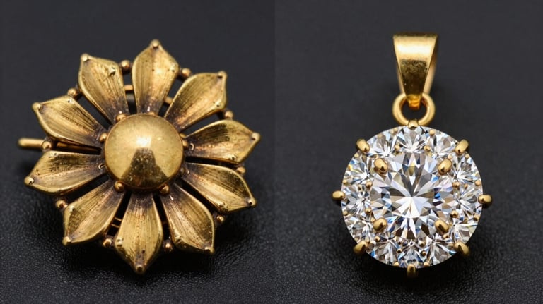 A side-by-side photograph showing a vintage, tarnished gold brooch next to a newly redesigned, modern diamond pendant created from the same gold.