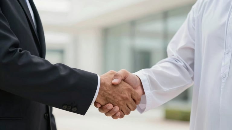 A high-quality close-up of two people in formal Gulf attire shaking hands in a bright, modern setting, symbolizing a successful and honest partnership.