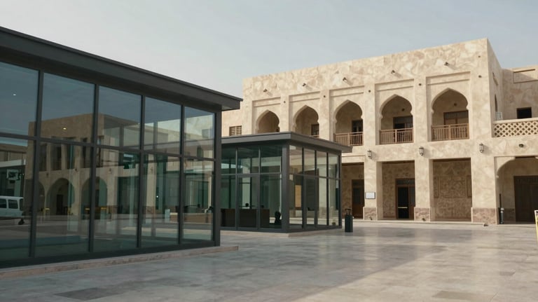 A serene photograph of a Middle Eastern / Gulf marketplace with clean lines and modern architecture, showing transparency through clear glass and open spaces.