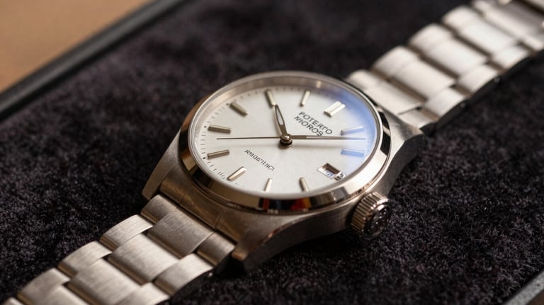 A detailed shot of a luxury watch or high-end product resting on a dark velvet surface, illuminated by warm focused lighting, representing meticulous quality.