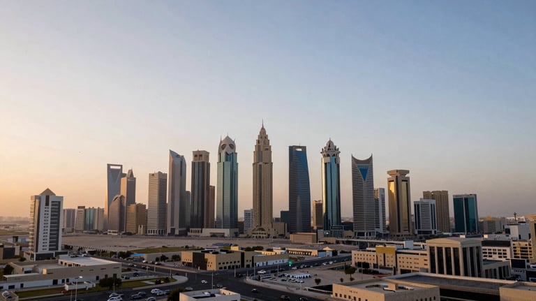 A wide shot of a modern city in the Gulf region during sunrise, symbolizing growth, stability, and a new era of trust in the local market.