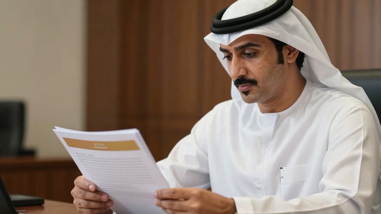 A close-up photograph of a professional Middle Eastern / Gulf businessman in a crisp white thawb, reviewing a document with gold tan accents in a high-end office, symbolizing corporate stability.