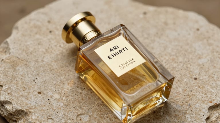 An artistic close-up of a premium perfume bottle on a textured stone surface with gold tan elements, reflecting Emirati luxury and sophisticated elegance.