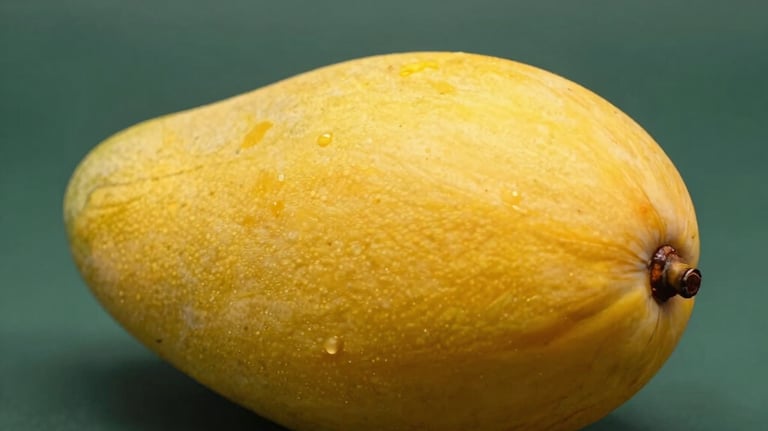 A studio photography shot of a single, vibrant yellow Sindhri mango with a perfect oval shape. The fruit rests on a dark green textured surface, illuminated by a soft, premium spotlight that highlights its smooth skin.