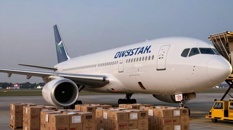 A wide-angle professional photograph of a cargo aircraft being loaded with pallets of branded export cartons at dusk. The setting is a Pakistani international airport, emphasizing efficient global logistics.