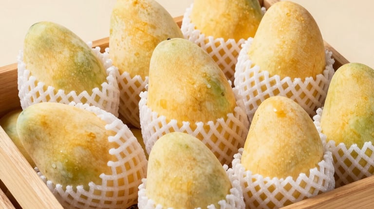 A wooden export crate packed with pale yellow Chaunsa mangoes, each individually wrapped in protective white netting. The composition is clean and organized, set against a sophisticated cream-colored background.