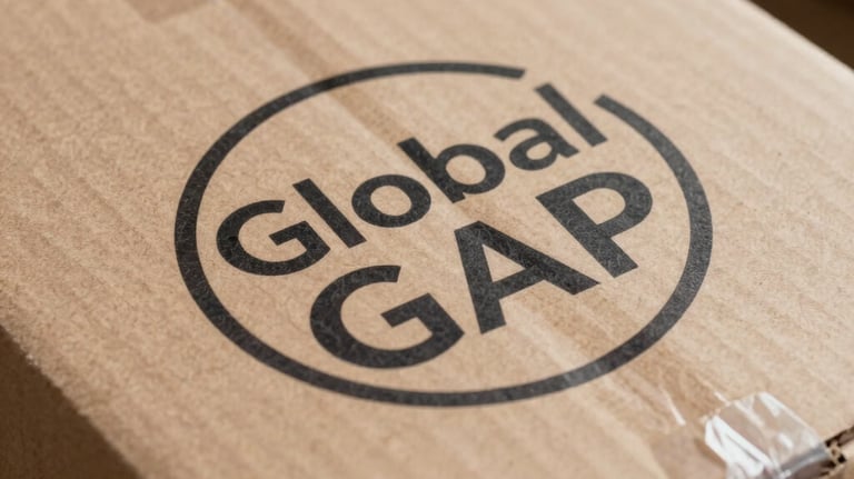 A macro shot of a Global GAP certification logo printed clearly on a high-quality cardboard export box. The lighting is crisp, highlighting the professional standards of the packaging material.