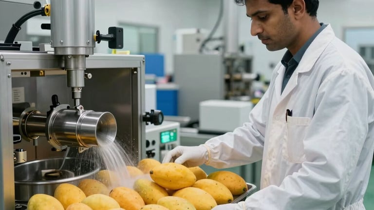 A clean, modern South Asian export facility. A technician in professional attire and gloves is inspecting a tray of yellow mangoes near a high-tech Hot Water Treatment station. The lighting is bright and industrial.