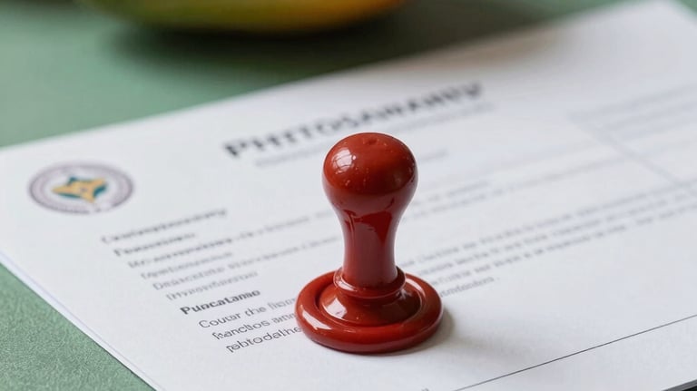 A close-up shot of an official phytosanitary certificate with a wax seal, resting on a clean slate green surface. A fresh mango is visible in the soft-focus background, suggesting a blend of tradition and modern administration.