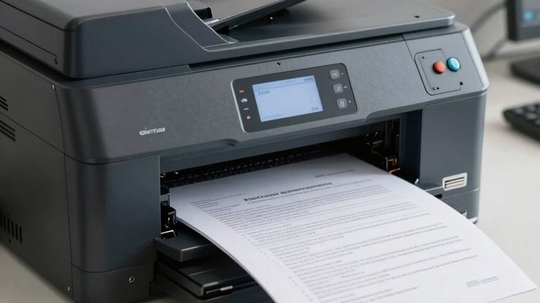 A modern high-speed office printer in a bright workspace, producing crisp color prints of documents, South American / Brazilian professional setting.