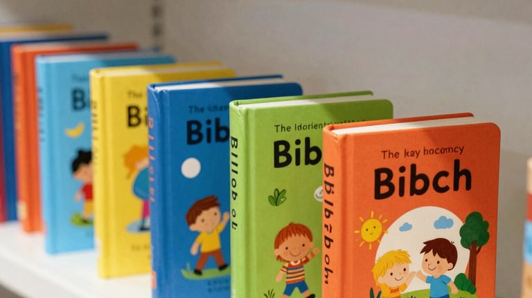 Vibrant and colorful children's Bibles and Christian storybooks arranged on a low white shelf, inviting and educational atmosphere for kids.