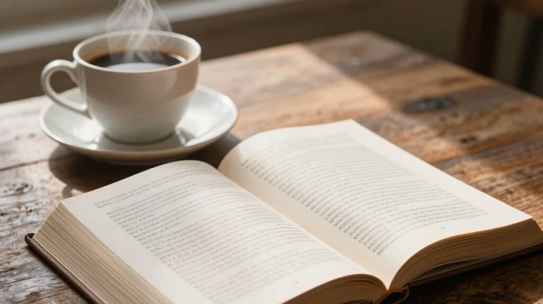 An open devotional book on a rustic wooden table next to a steaming cup of coffee, soft morning light filtering through a window, peaceful scene.